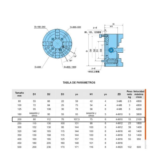 PLATO TORNO 4G 8" 200mm INDEP (HUSILLO 65mm) SAN OU - Imagen 2
