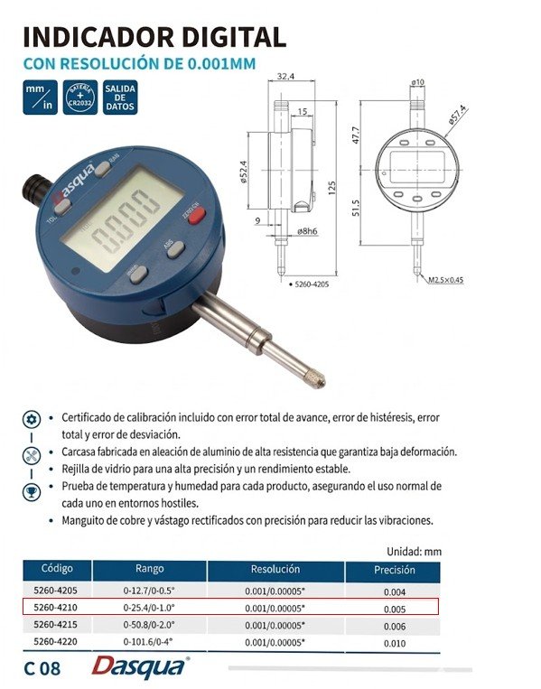 RELOJ COMP DIGITAL EXT 3 BOTONES 0-25mm/0-1,0"*0.001mm/0.00005" DASQUA - Imagen 5