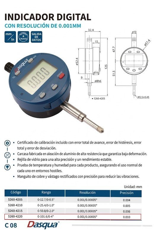RELOJ COMP DIGITAL EXT 3 BOTONES 0-101,6mm/0-4,0"*0.001mm/0.00005" DASQUA - Imagen 5