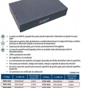 MESA DE GRANITO GRADO 00 400X250X60MM DASQUA