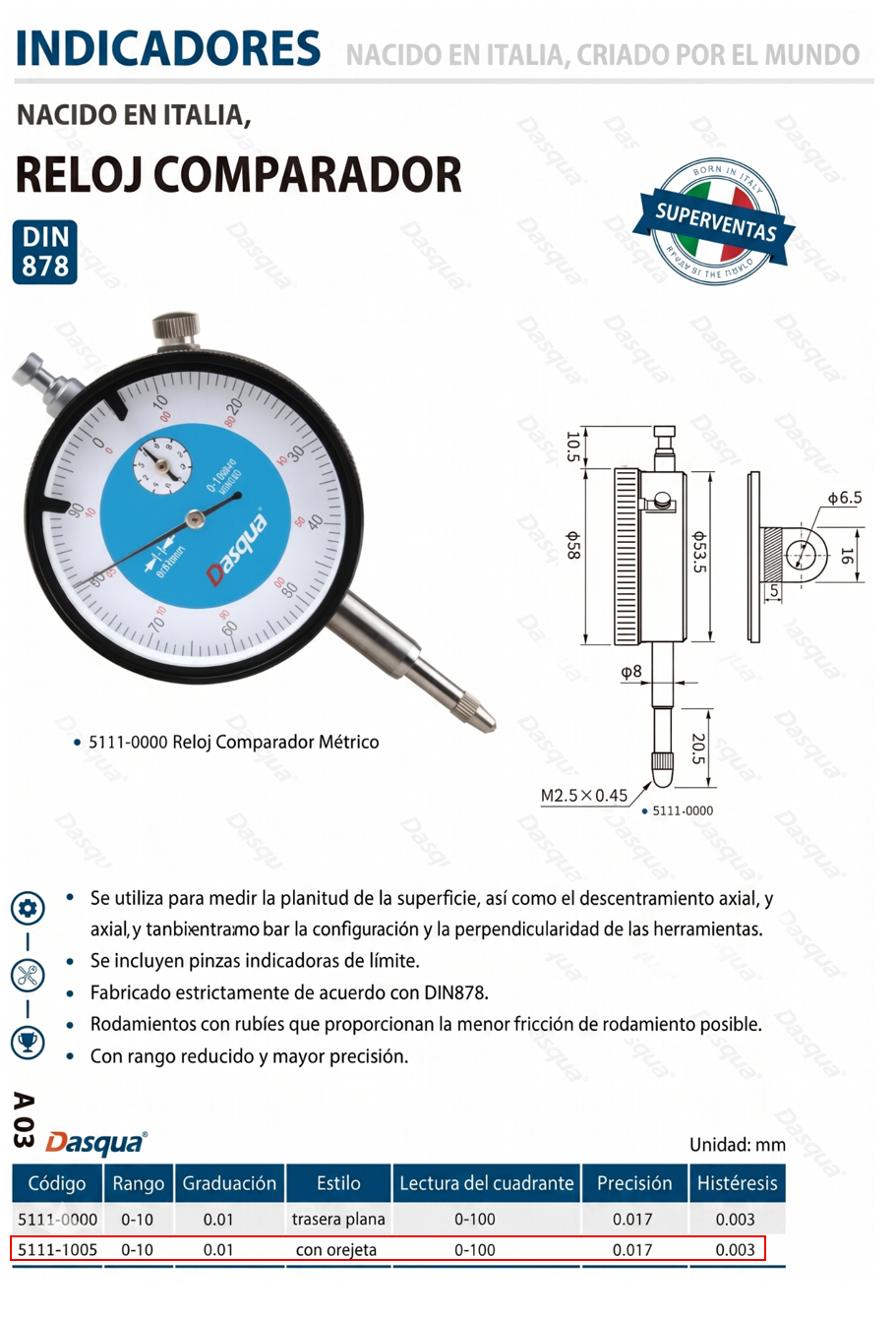 RELOJ COMPARADOR 0-10MMX0,01MM DASQUA LUG BACK - Imagen 6