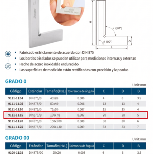 ESCUADRA DE BORDE BISELADO 90° 100X70MM DASQUA DIN875/0